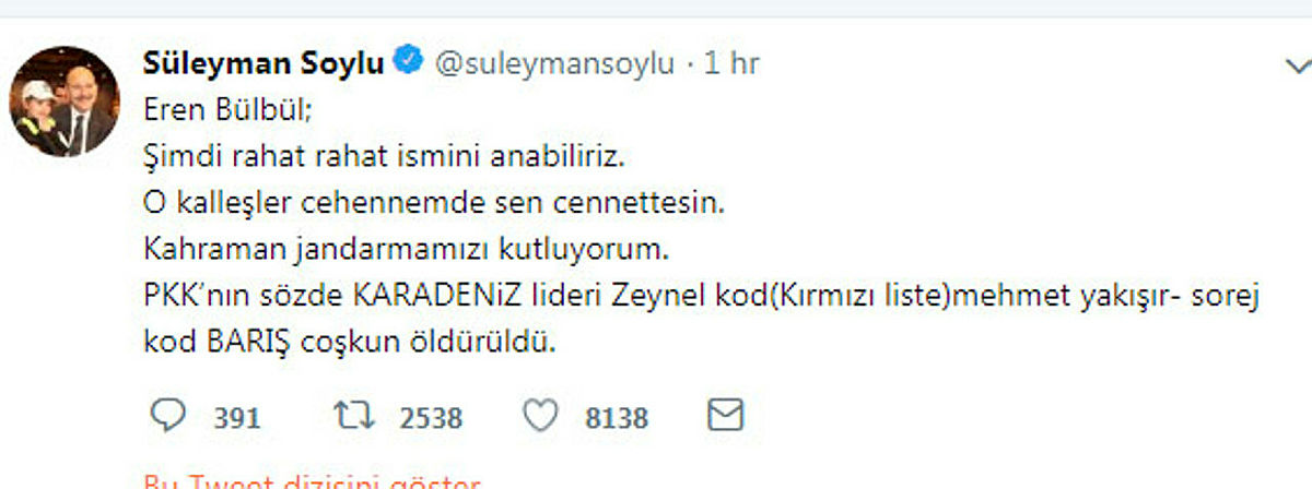 Süleyman Soylu duyurdu: O kalleşler cehennemde, sen cennettesin Eren