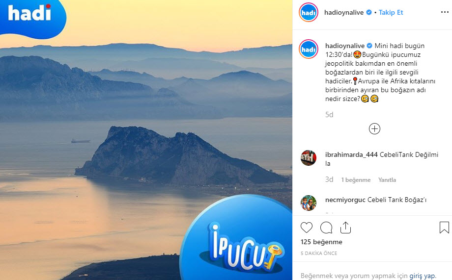 Hadi ipucu sorusu: Avrupa ile Afrika kıtalarını birbirinden ayıran bu boğazın adı nedir? 2 Temmuz Hadi ipucu sorusu ve joker kodu!