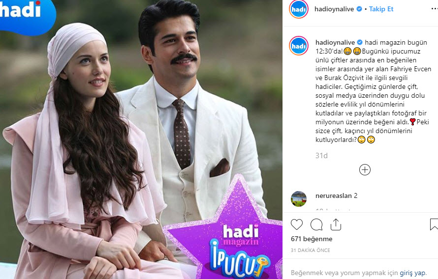 HADİ ipucu sorusu:Fahriye Evcen ve Burak Özçivit kaçıncı evlilik yıl dönümlerini kutladılar? 4 Haziran HADİ ipucu sorusu cevabı!