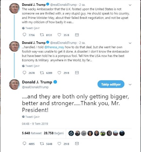 ABD Başkanı Trump’tan İngiliz büyükelçi ve May’e sert tepki: Kaçık, aptal, başarısız...