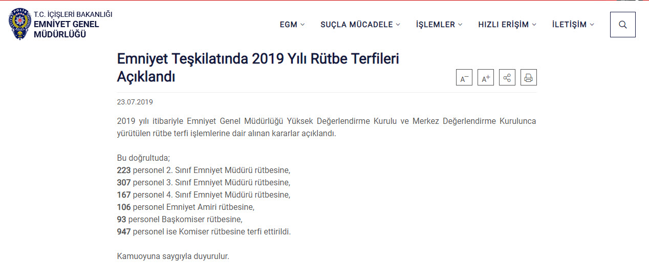 SON DAKİKA: Emniyet Genel Müdürlüğü’nde terfiler belli oldu! 2019 Emniyet Teşkilatı rütbe terfi sonuçları