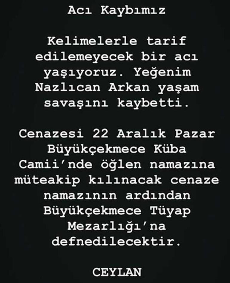 Ünlü şarkıcı Ceylan’ın yeğeni Nazlıcan Arkan gözyaşları ile toprağa verildi! Nazlıcan Arkan kimdir, kaç yaşında ve neden öldü?