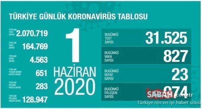 Son dakika haber: Türkiye’de corona virüsü son durum ve günlük tablo açıklandı! 20 Haziran Türkiye corona virüsü vaka, ölüm ve iyileşen hasta sayısı!