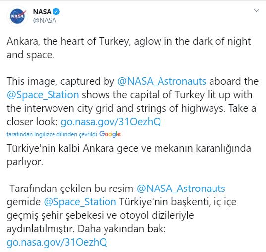 SON DAKİKA: NASA’dan geceye damga vuran Ankara fotoğrafı! Dikkat çeken ifadeler...