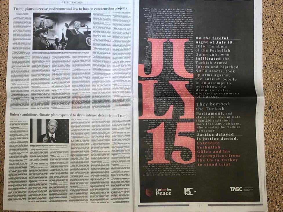 ABD’nin etkili gazetelerinden Washington Post’ta 15 Temmuz ilanı