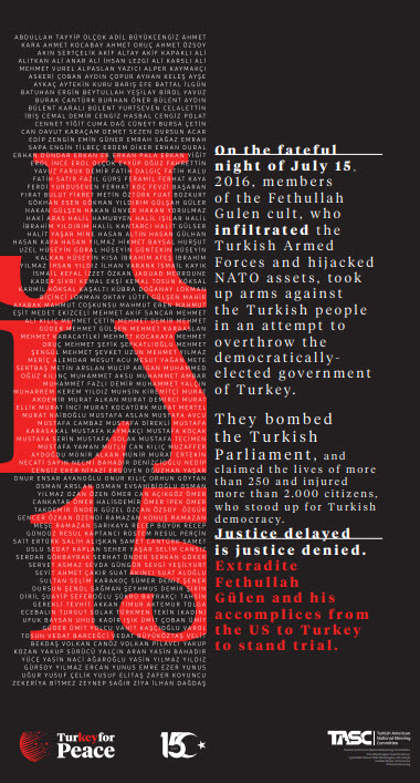 ABD’nin etkili gazetelerinden Washington Post’ta 15 Temmuz ilanı