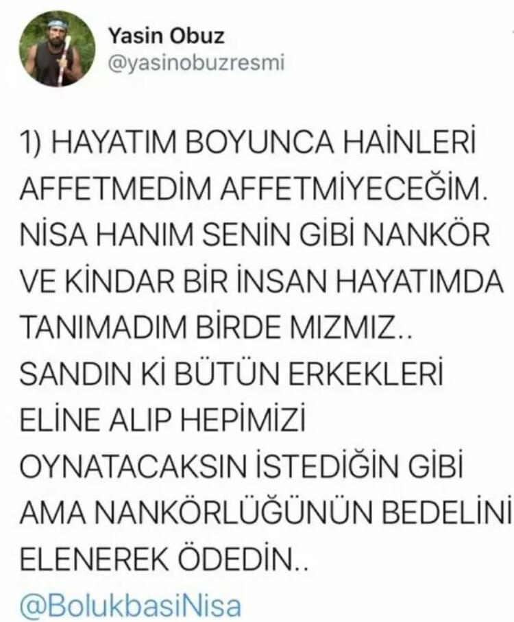 SON DAKİKA HABER: Survivor Yasin’den Nisa ile ilgili zehir zemberek paylaşımlar! Senin gibi kindar ve nankör...