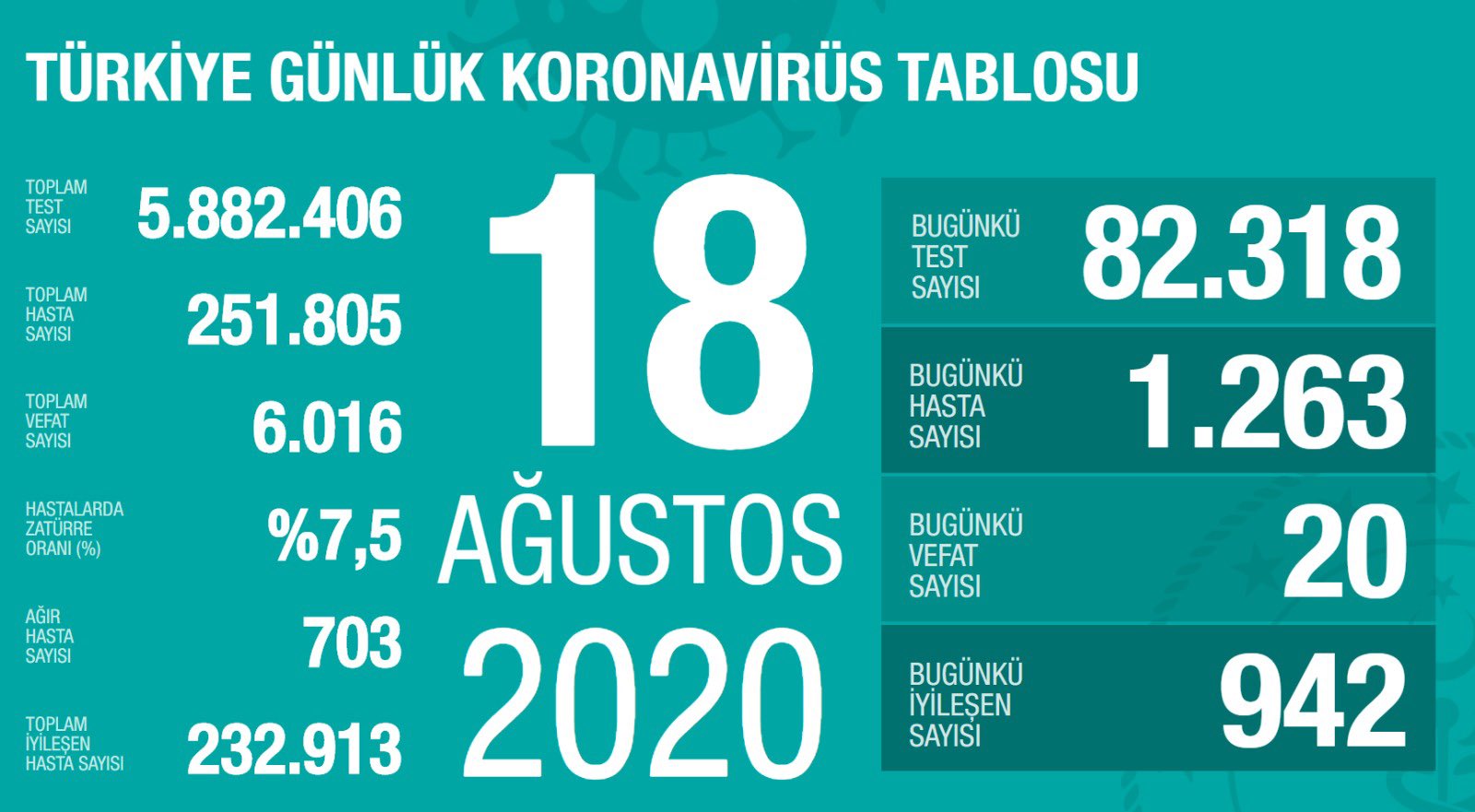 SON DAKİKA! Türkiye’de corona virüs ölü ve vaka sayısı kaç oldu? 18 Ağustos 2020 Salı Türkiye corona virüsü günlük son durum tablosu