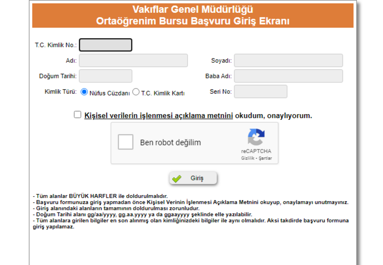 VGM burs başvuruları nasıl ve nereden yapılır? 2020-2021 Vakıflar Genel Müdürlüğü VGM burs başvuru formu ekranı