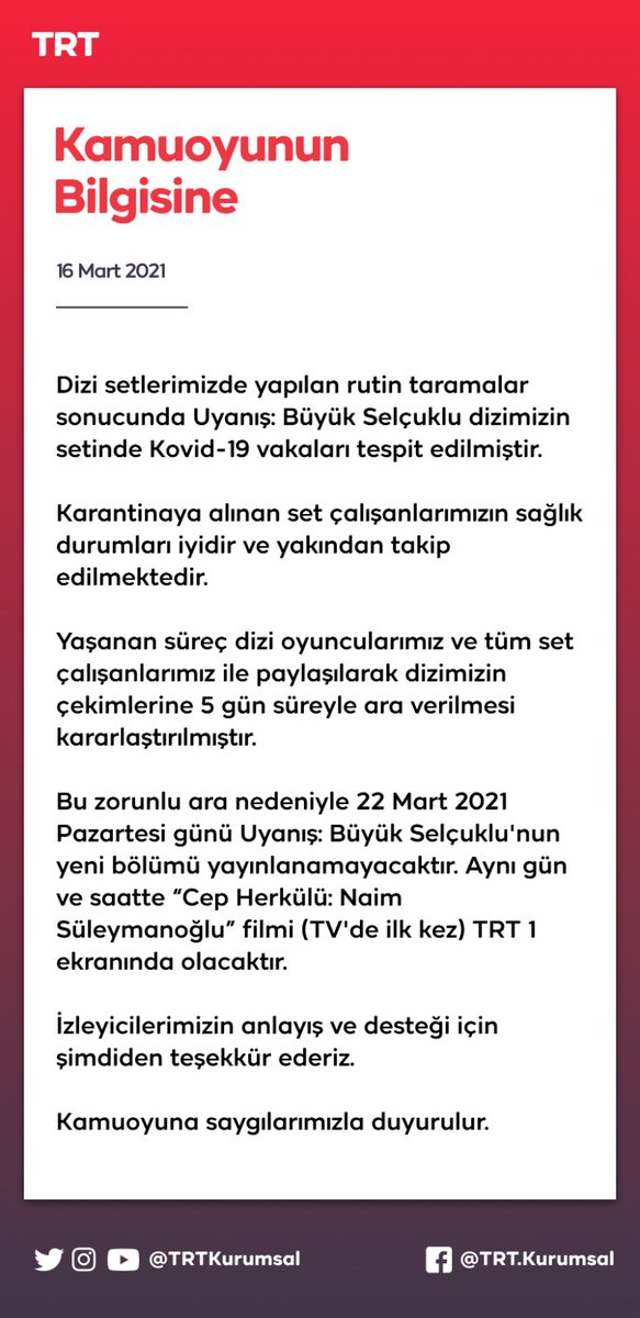 Uyanış Büyük Selçuklu setinde koronavirüs paniği! Dizinin yapımcısı böyle duyurdu