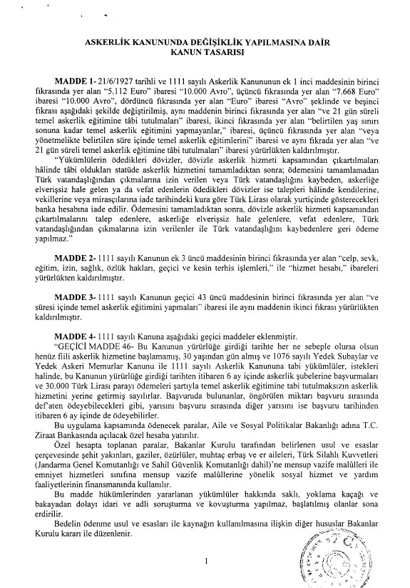 İşte bedelli askerlik tasarısı