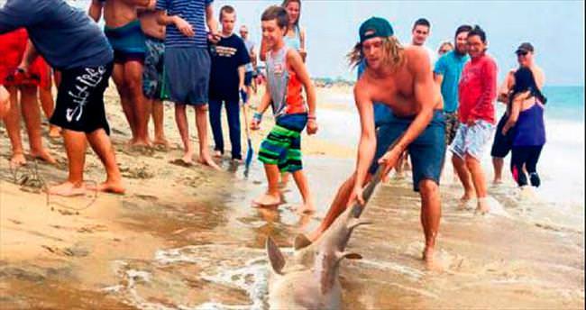 Sörfçüler köpekbalığını kuyruğundan yakaladı