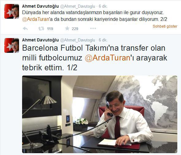 Başbakan Davutoğlu’ndan Arda Turan’a Tebrik Telefonu