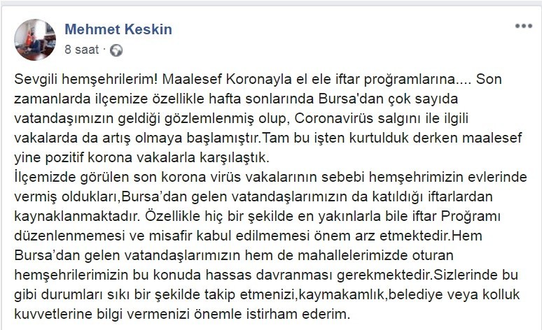 Bursa’da belediye başkanından toplu iftar düzenleyen vatandaşlara uyarı