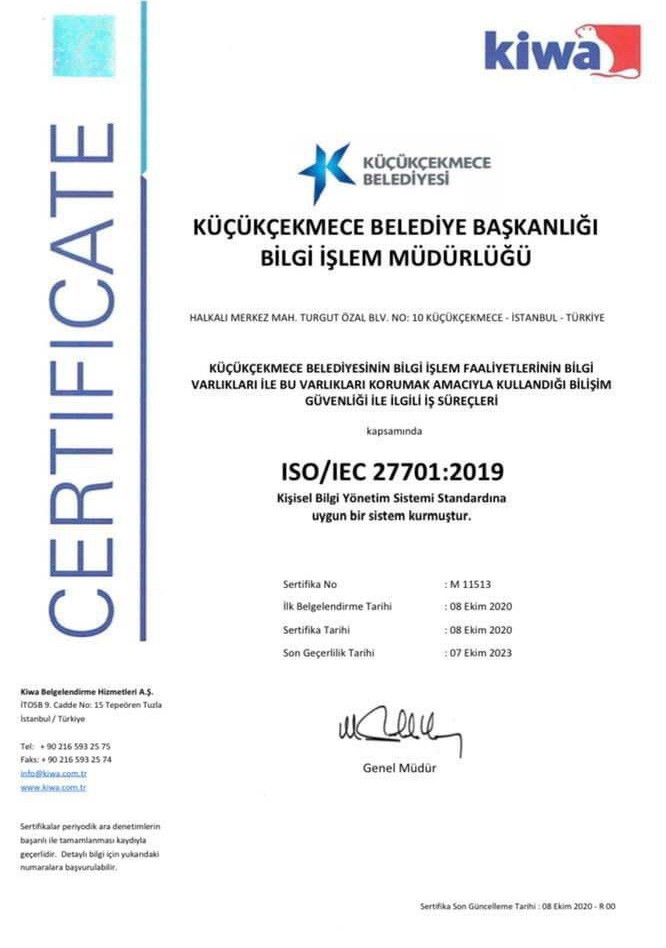 Küçükçekmece Belediyesine ISO 27701 sertifikası