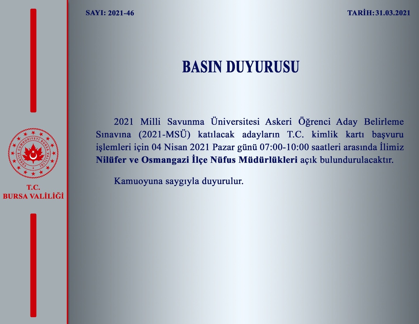 nilufer ve osmangazi nufus mudurlukleri pazar gunu acik olacak bursa haberleri