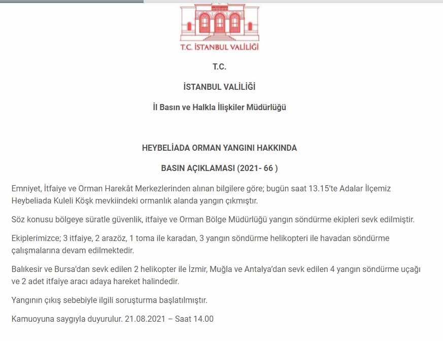 İstanbul Valiliği: Yangına 3 helikopter ile müdahale ediliyor