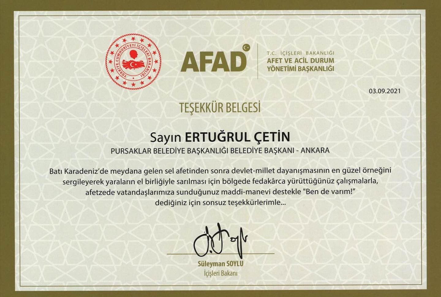 Bakan Süleyman Soylu’dan, Başkan Ertuğrul Çetin’e teşekkür belgesi #ankara