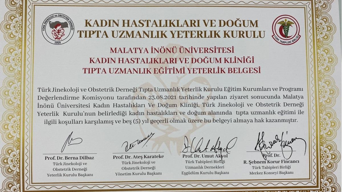 inonu kadin hastaliklari ve dogum klinigi ne yeterlilik belgesi malatya haberleri