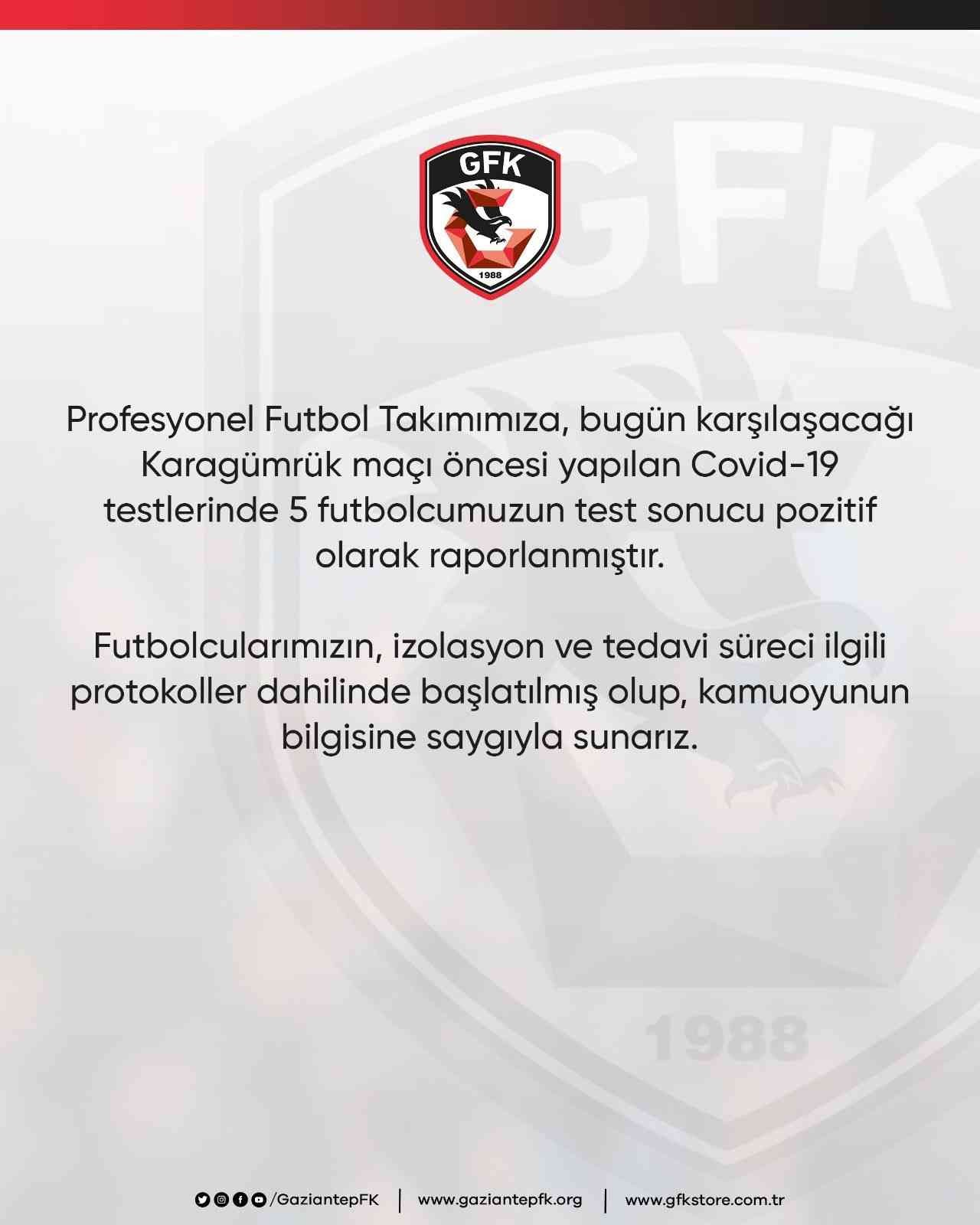 Gaziantep FK’da 5 pozitif vaka #gaziantep