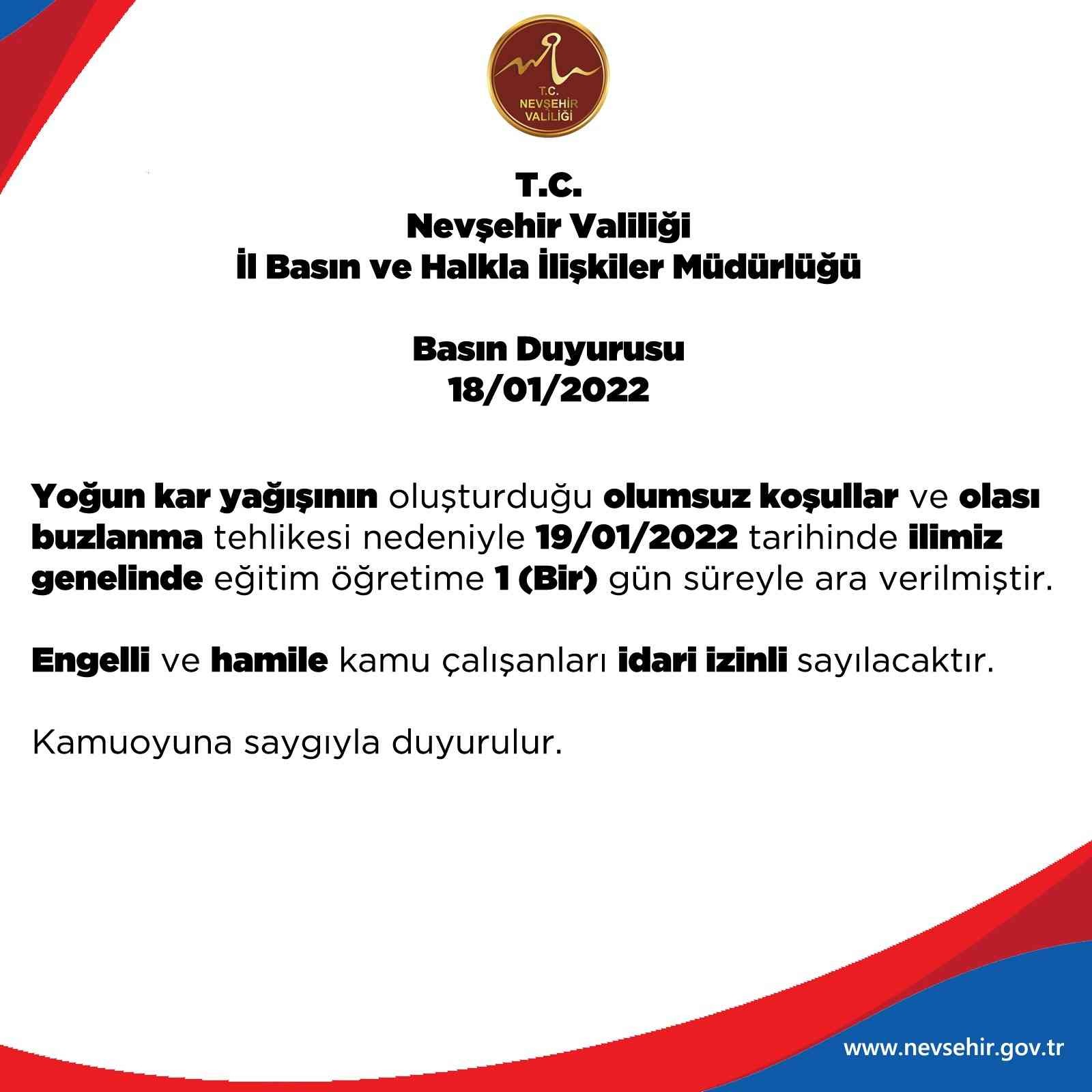 Nevşehir’de eğitime 1 gün ara verildi #nevsehir