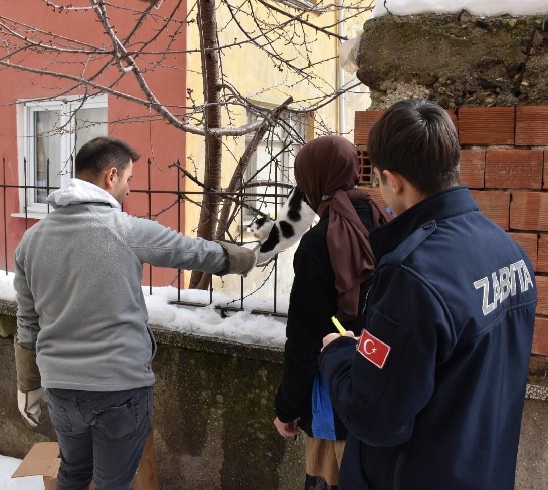 Korkuluğa saplanan kediyi belediye ekipleri kurtardı