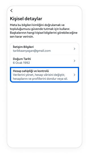 Hesap sahipliği ve kontrolü'ne ve sonra Dondurma veya silme'ye dokunun