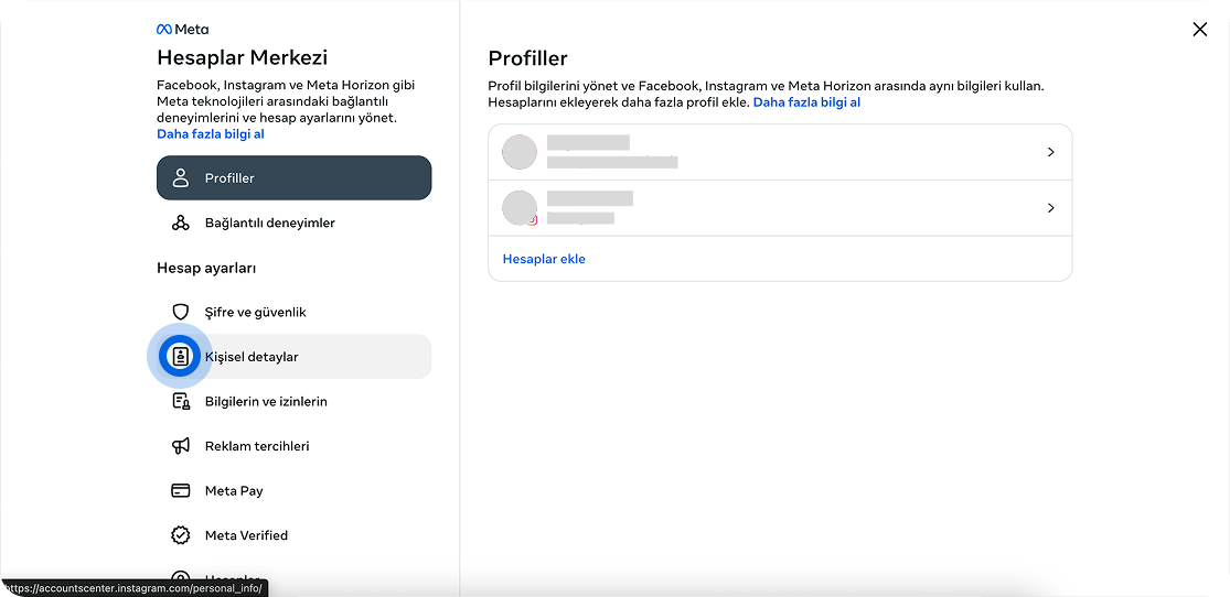 Sol taraftaki menüden “Kişisel detaylar” butonuna tıklayın
