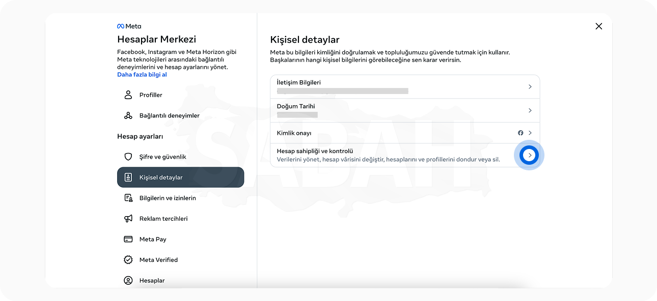 Kişisel detaylar başlığı altındaki seçeneklerden “Hesap sahipliği ve kontrolü”ne tıklayın