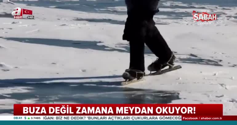 Yaşlı kadın her gün patenle buz tutan gölü geçiyor!