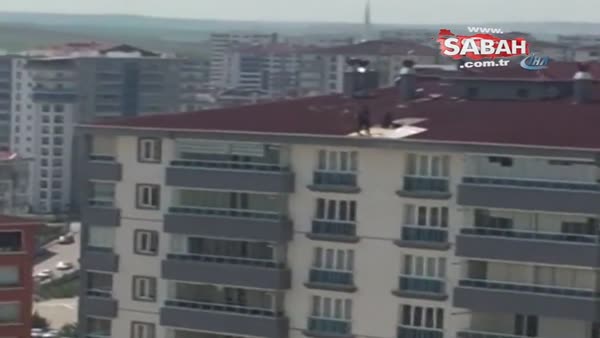 12 katlı binanın çatısında tehlikeli çalışma