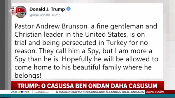 Trump'tan rahip Brunson tweeti: Ben ondan daha casusum